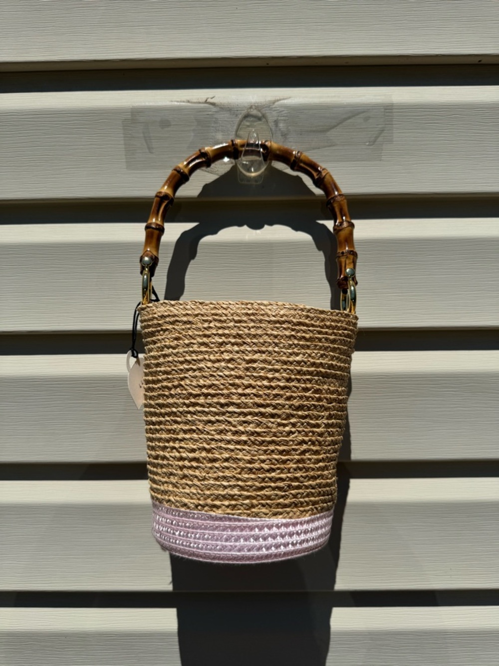 Caterina Bertini Italy Raffia Bamboo Handle Mini Bucket Bag Pink Straw Purse - Picture 2 of 12